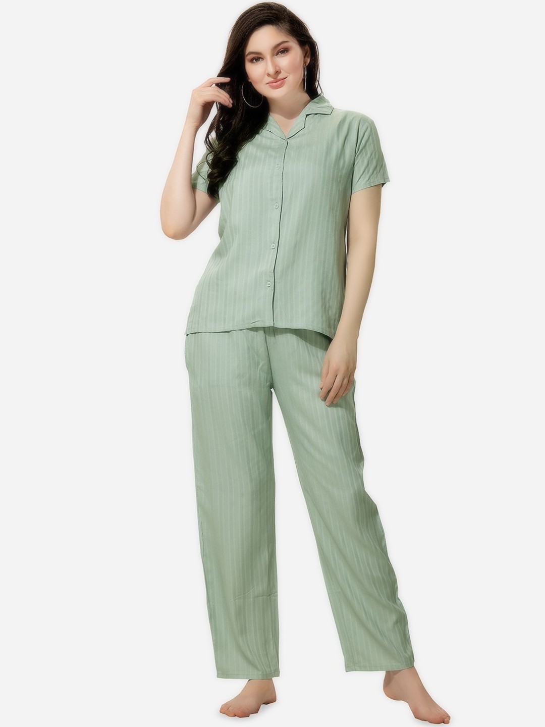 

Lenissa Women Striped Night suit, Green