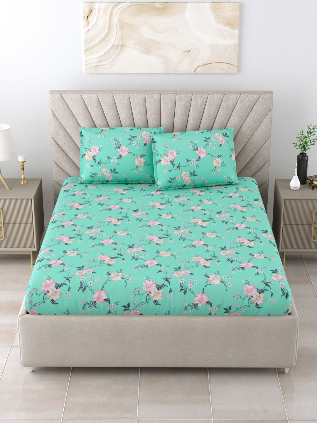 

BOMBAY DYEING Florentine Green Floral Cotton 144 TC Queen Bedsheet Set 2.28 m x 2.54 m