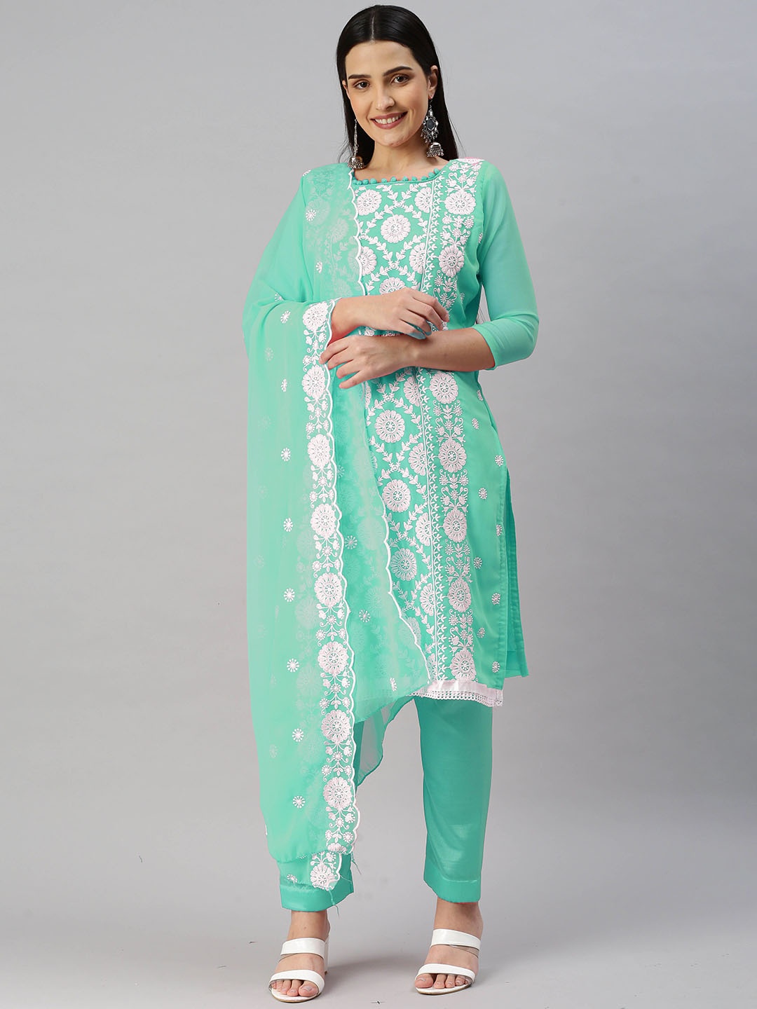 

Maroosh Floral Embroidered Unstitched Dress Material, Sea green