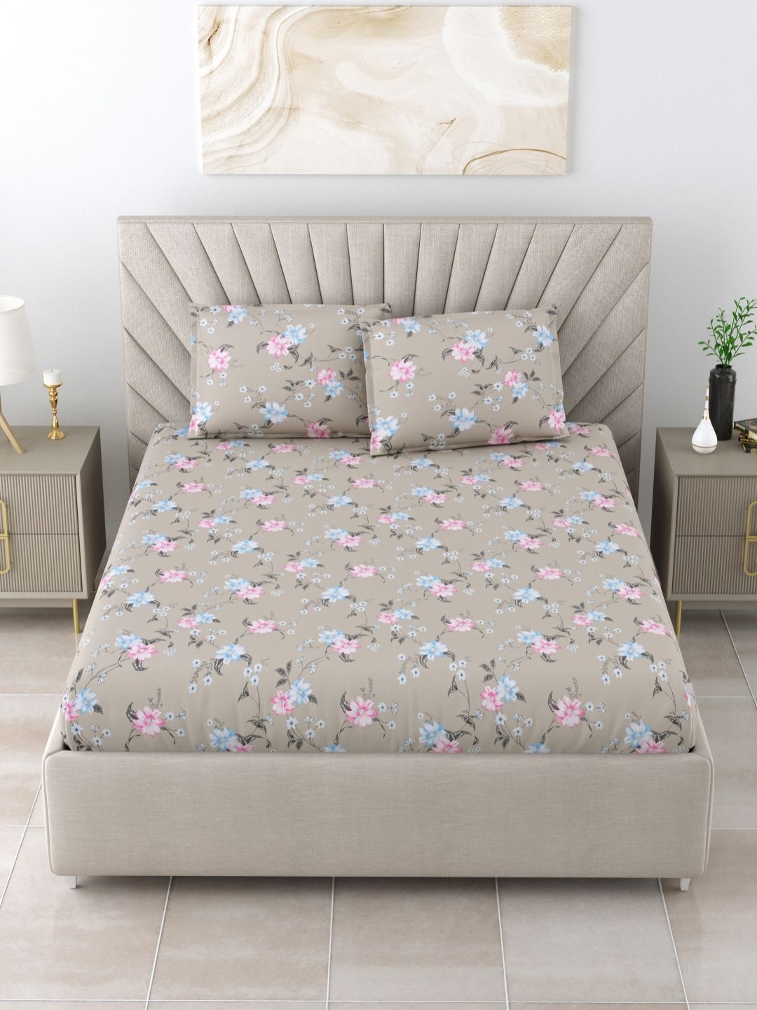 

BOMBAY DYEING Florentine Grey Floral Cotton 144 TC Queen Bedsheet Set 2.28 m x 2.54 m