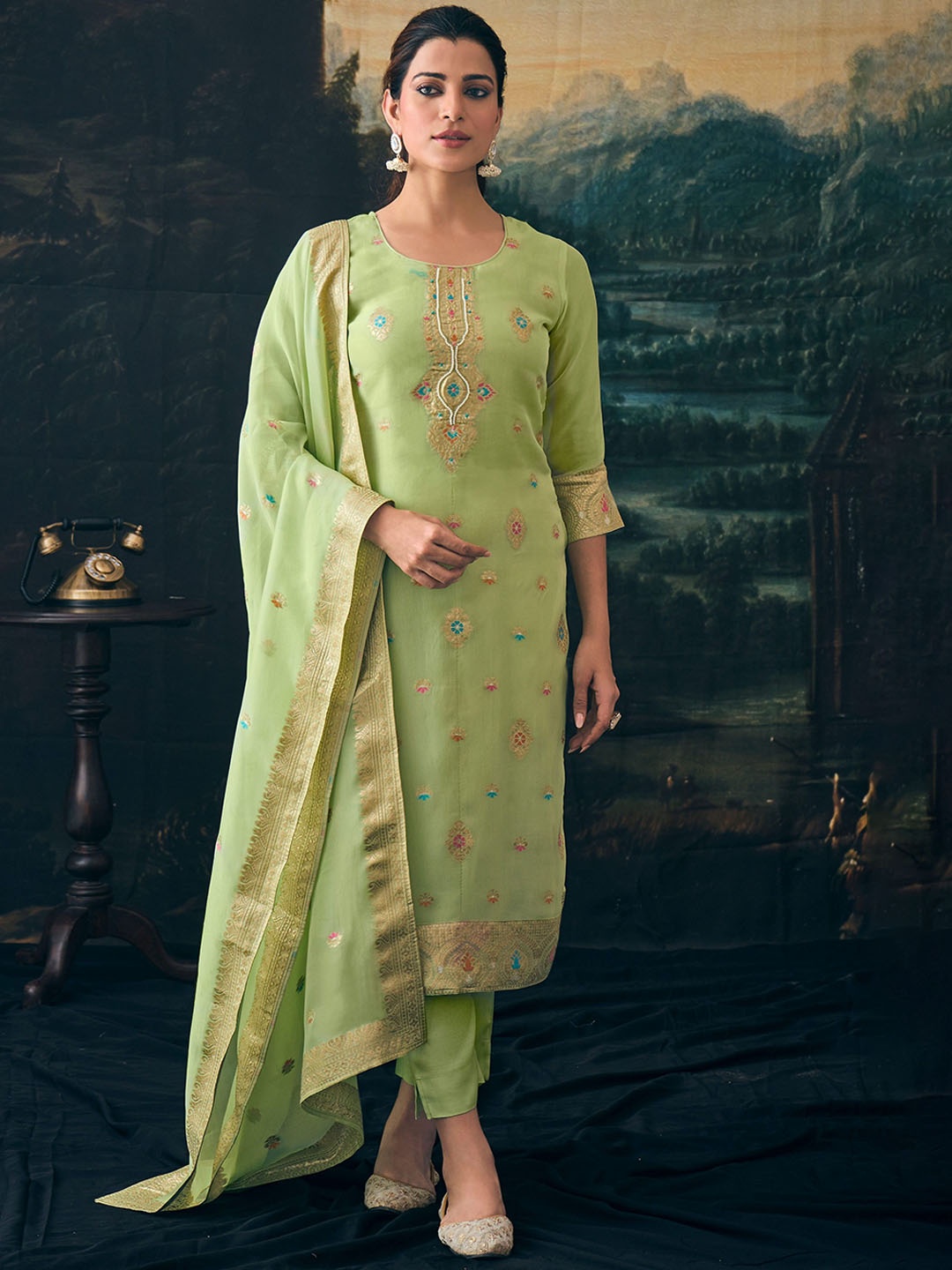 

all about you Round Neck Floral Self Design Straight Kurta with Trouser & Dupatta, Green