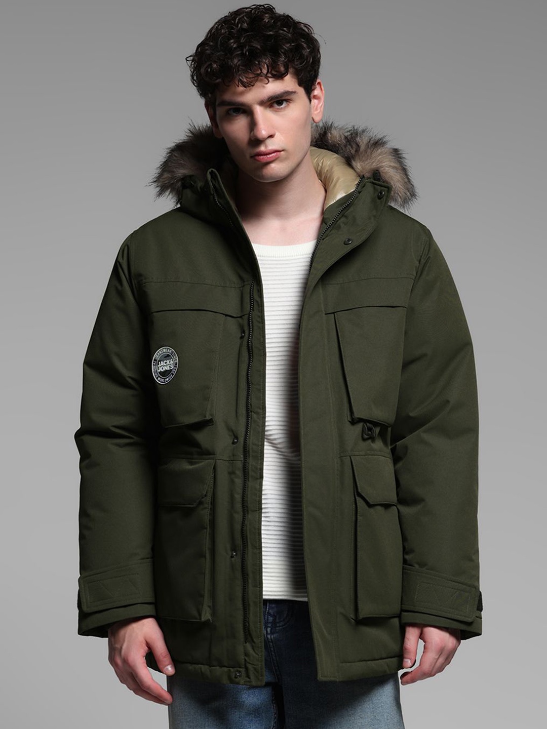 

Jack & Jones Men Hooded Solid Casual Parka Jacket, Olive
