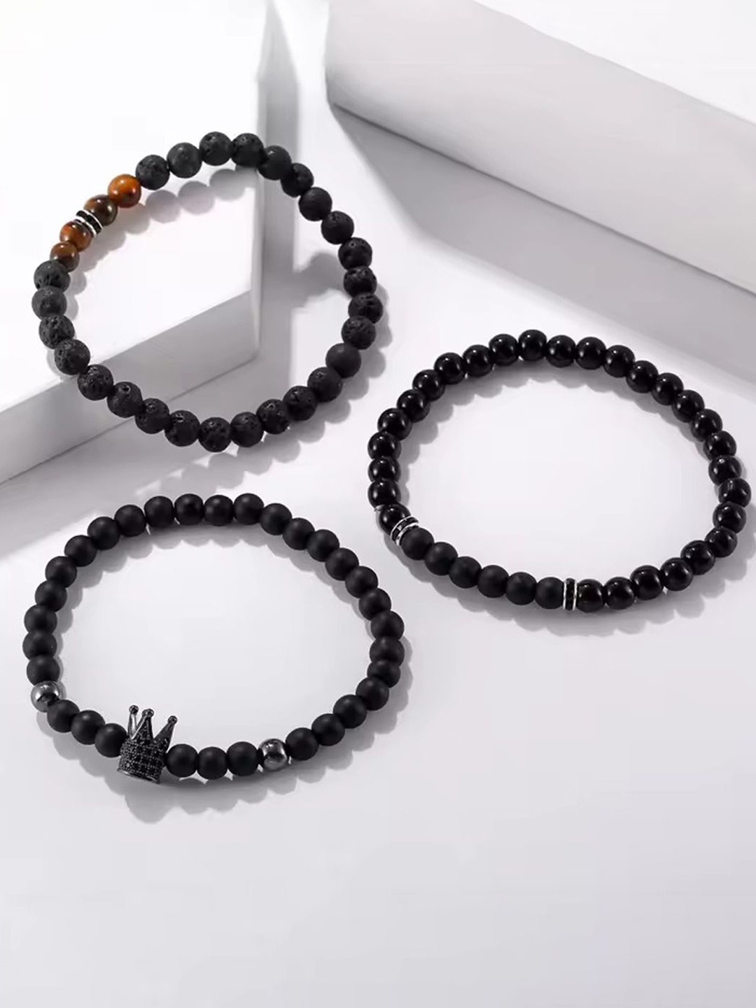 

Jewels Galaxy Men Set Of 3 Silver-Plated Beaded Elasticated Bracelets