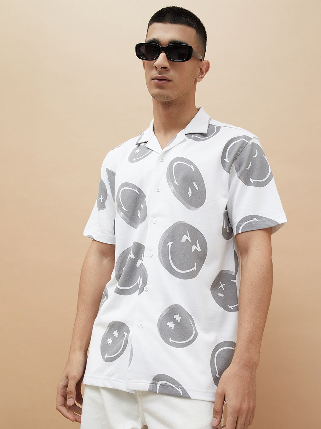 

SmileyWorld Men Cuban Collar Conversational Printed Cotton Casual Shirt, White