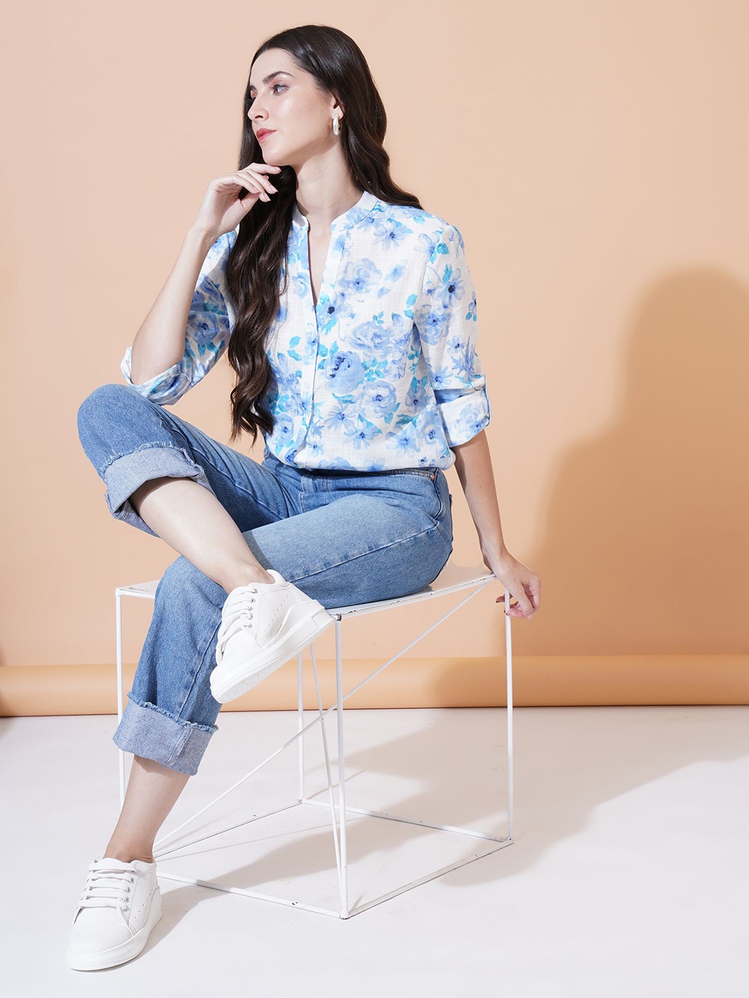 

glitchez Women Mandarin Collar Cotton Shirt Style Top, Blue