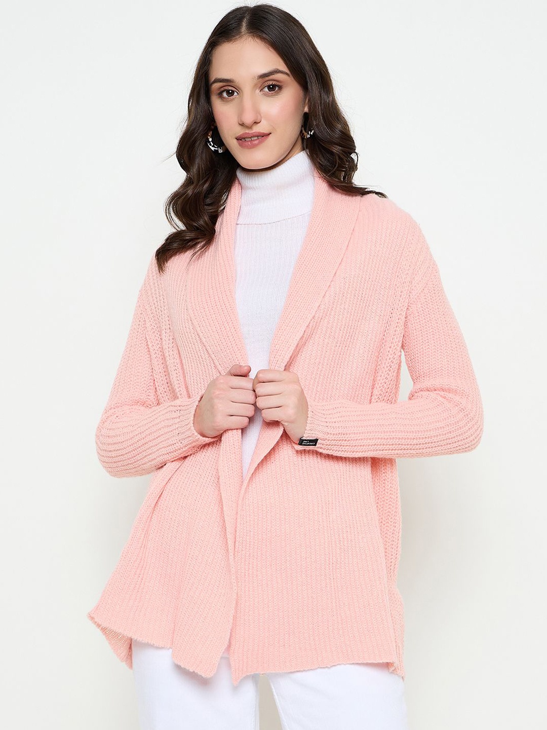 

CREATIVE LINE Self Design Longline Woollen Open Front Shrug, Peach