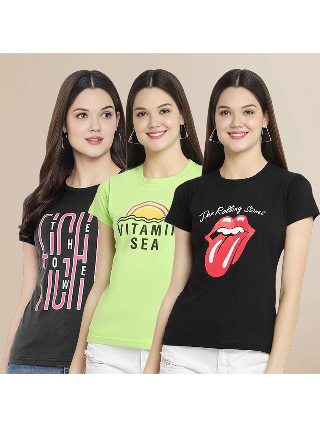 

Metronaut Women Pack Of 3 Typography Printed Round Neck Cotton T-shirts, Black