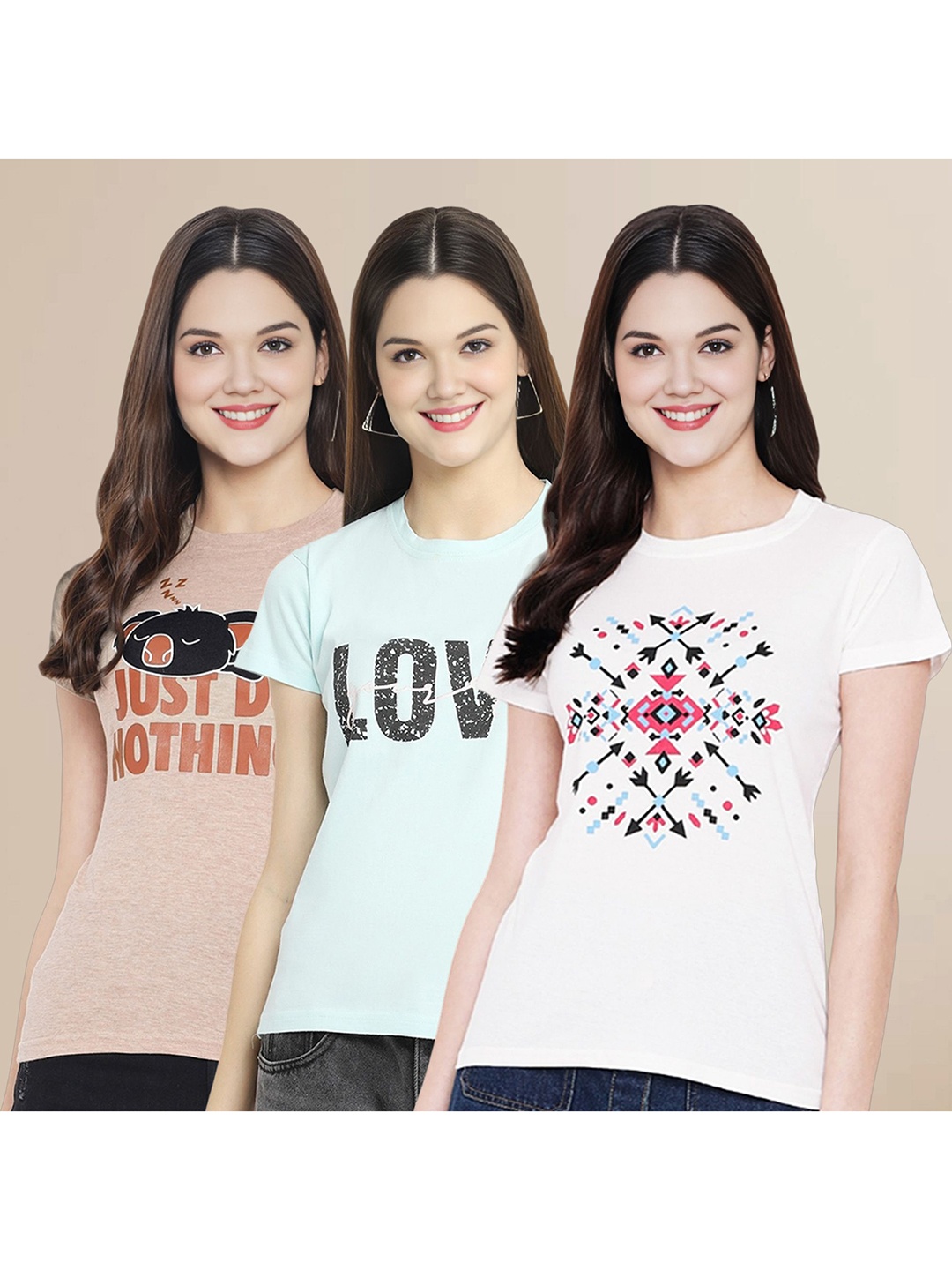 

Metronaut Women Pack Of 3 Typography Printed Round Neck Cotton T-shirts, Beige