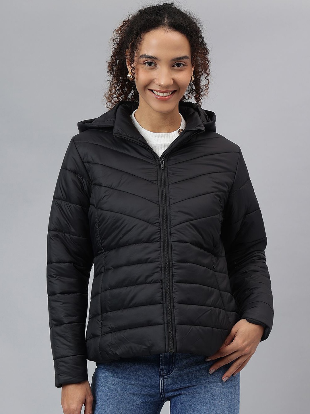 

Richlook Women Hooded Solid Casual Padded Jacket, Black