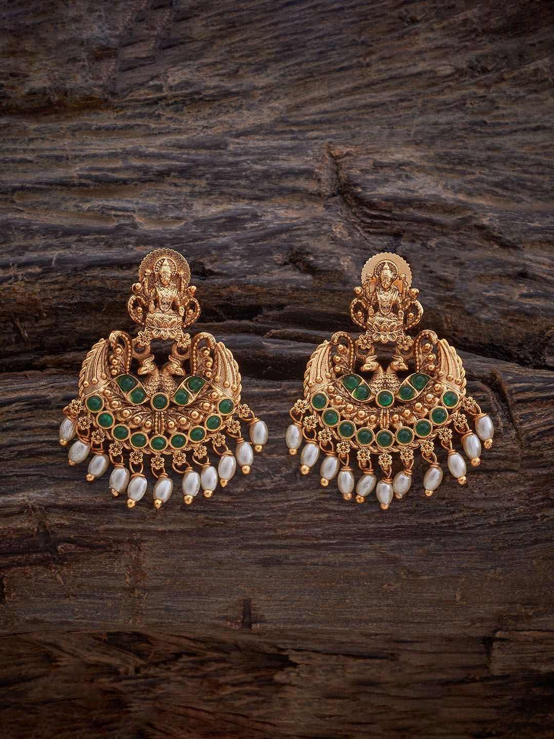 

Kushal's Fashion Jewellery Gold-Plated Beaded Crescent Shaped Antique Drop Earrings, Green