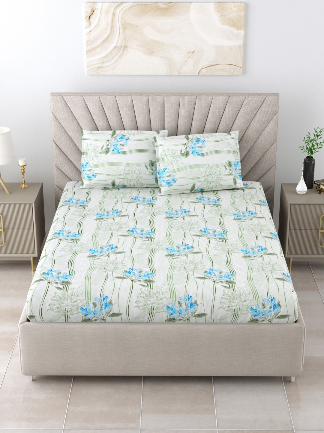 

BOMBAY DYEING Olive Green & Blue Floral 144 TC Queen Bedsheet with 2 Pillow Covers