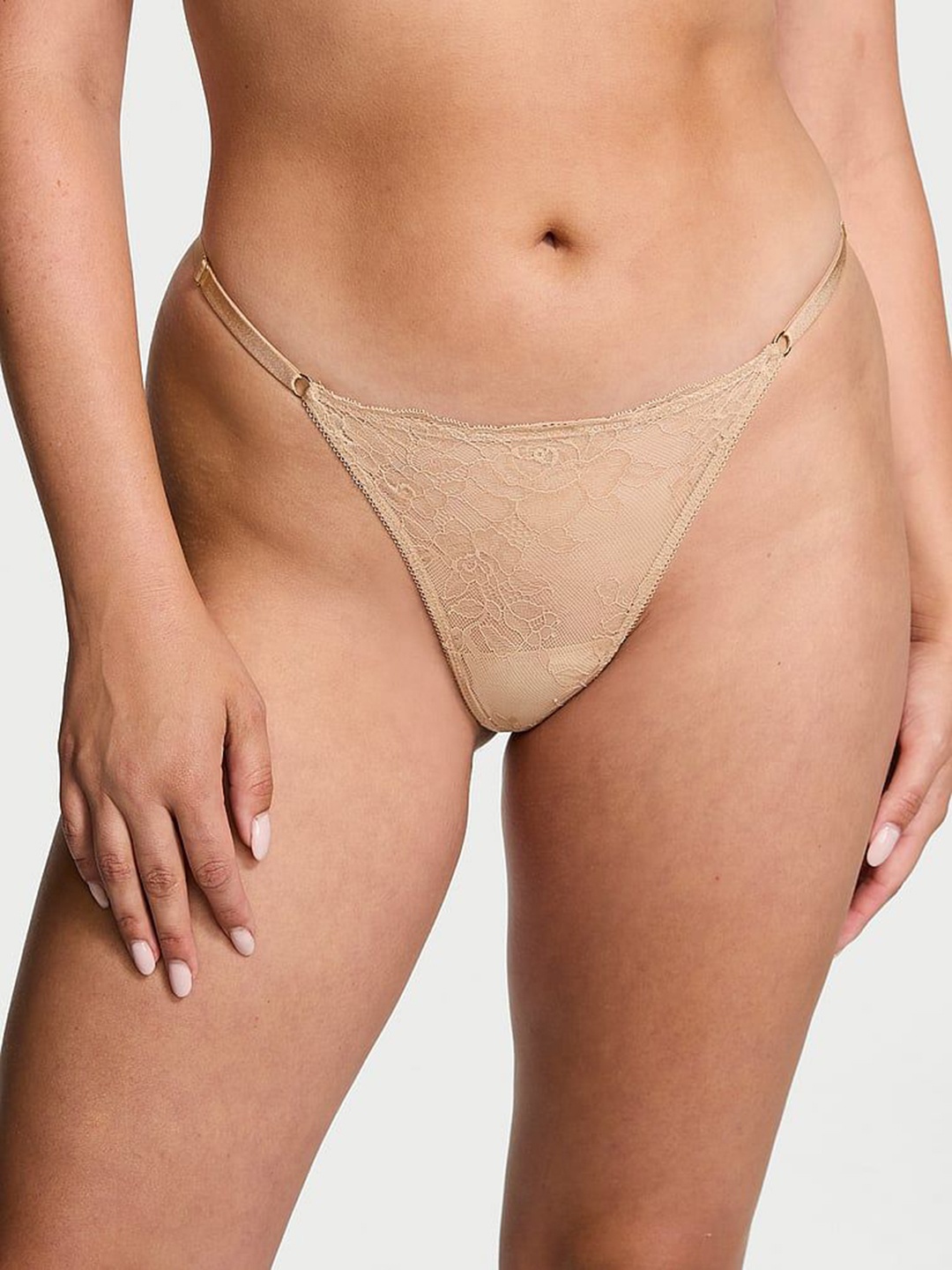 

Victoria's Secret Women Lace Adjustable V-String Thongs Panty, Beige