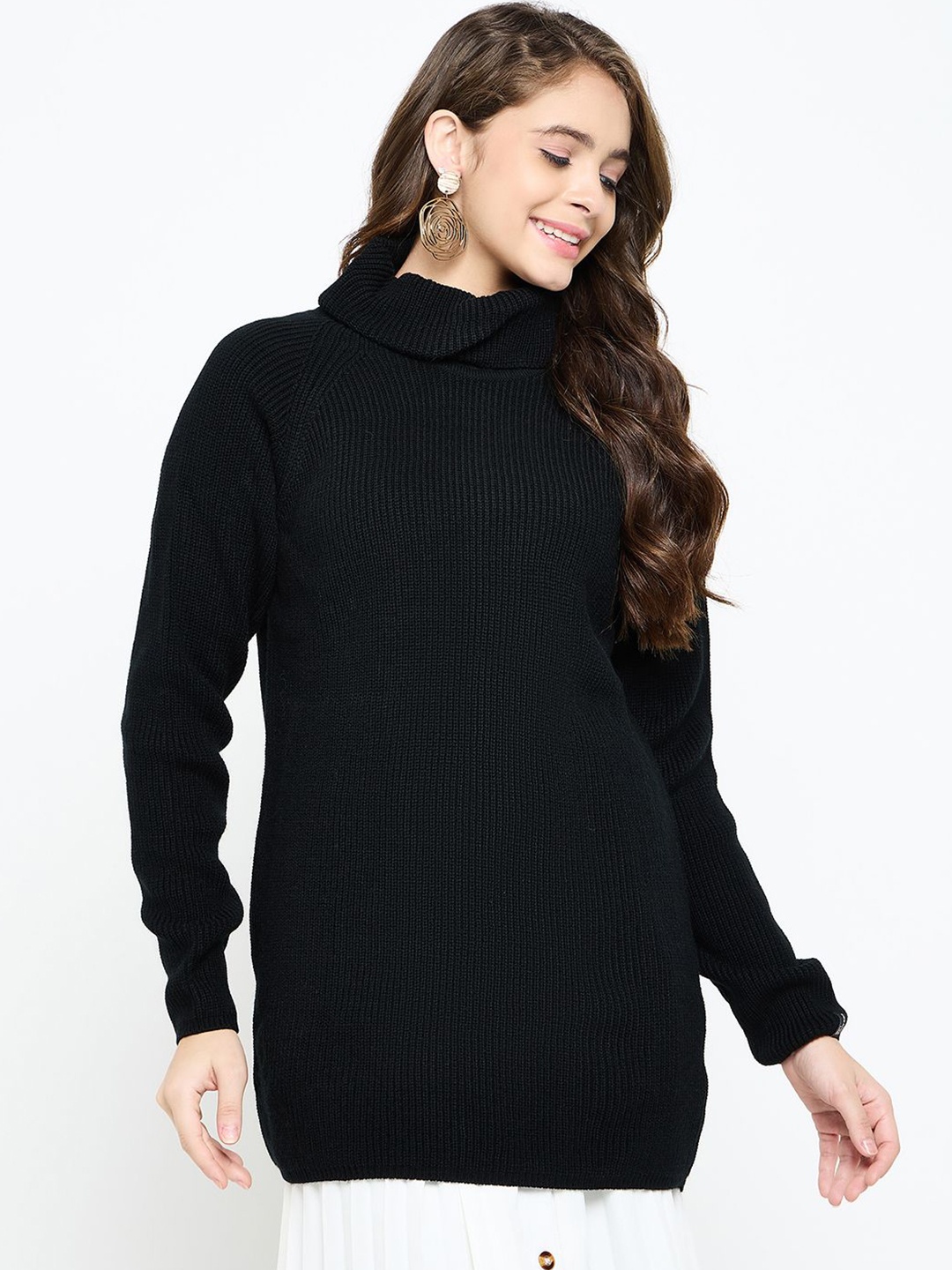 

CREATIVE LINE Self Desgin Knitted Woollen Top, Black