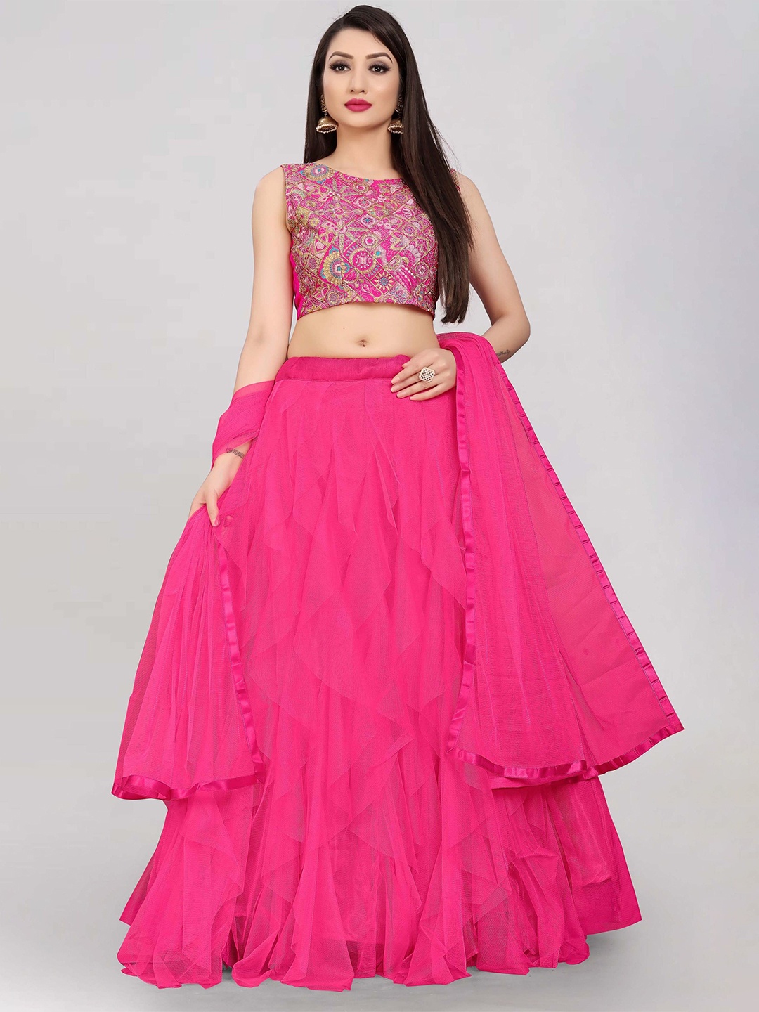 

Fabcartz Embellished Semi-Stitched Lehenga & Unstitched Blouse With Dupatta, Pink