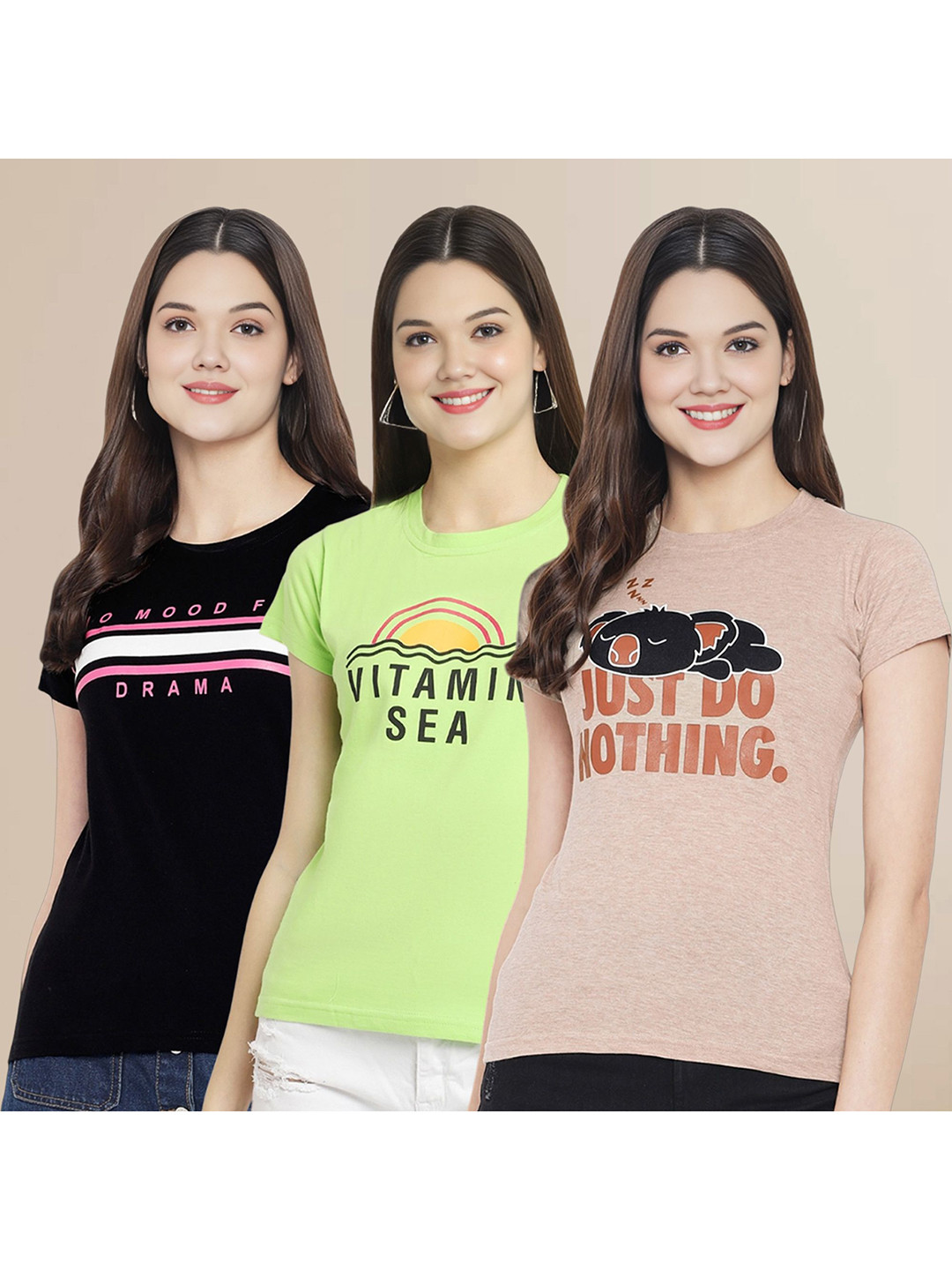 

Metronaut Women Pack Of 3 Typography Printed Round Neck Cotton T-shirts, Black