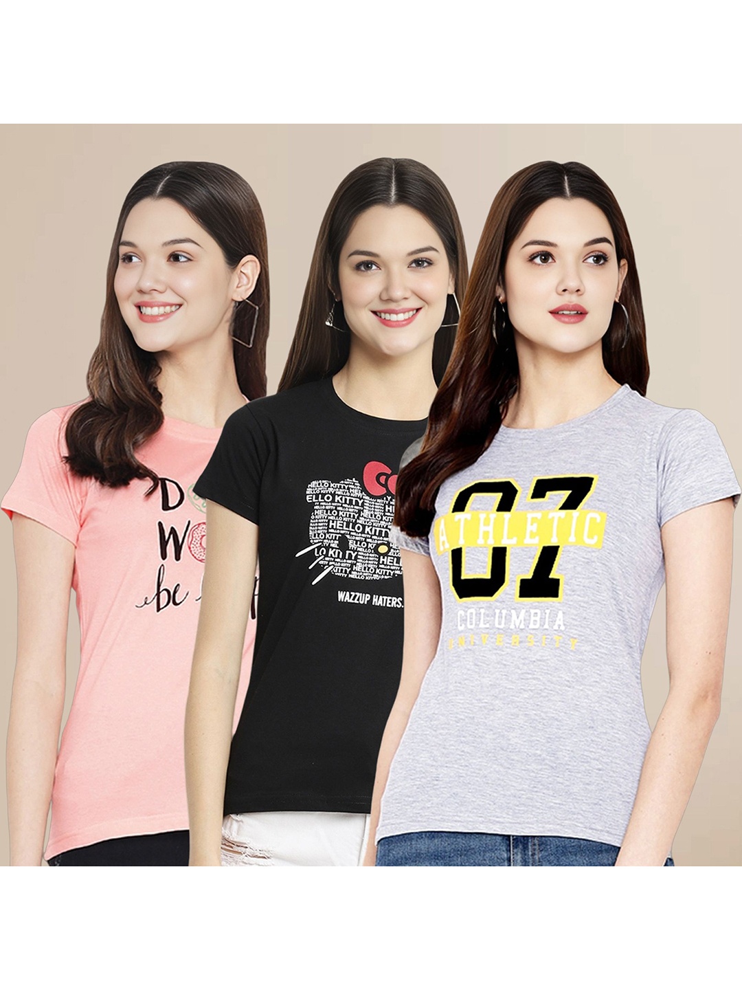 

Metronaut Women Pack Of 3 Typography Printed Round Neck Cotton T-shirts, Peach