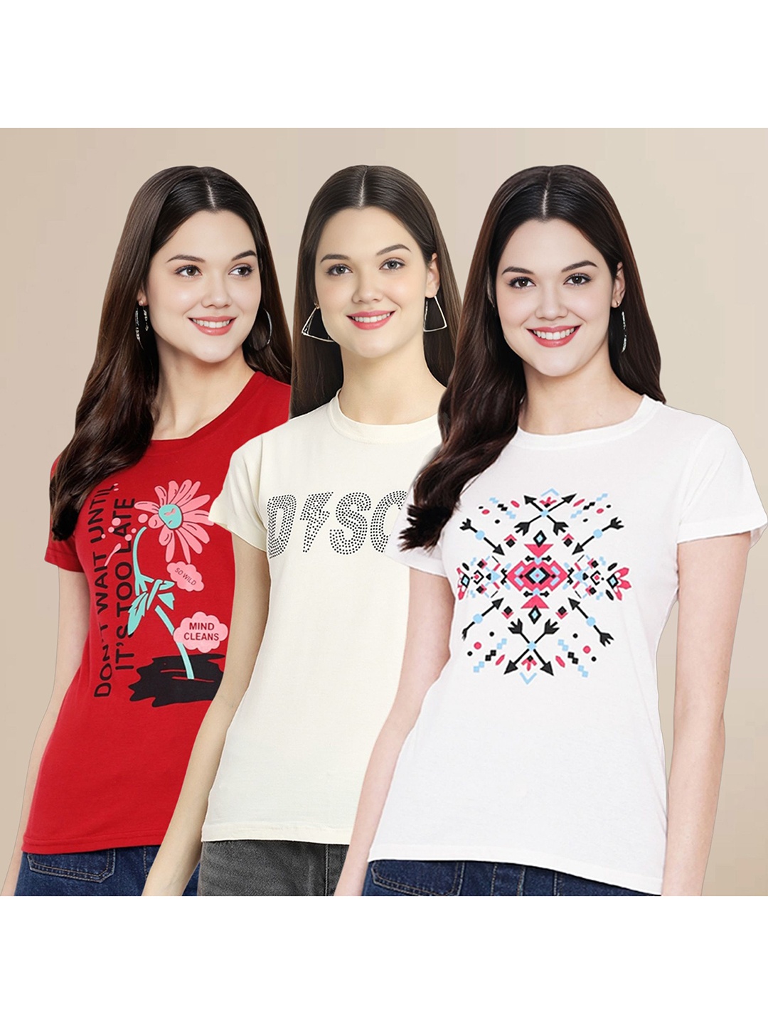 

Metronaut Women Pack Of 3 Typography Printed Round Neck Cotton T-shirts, Red