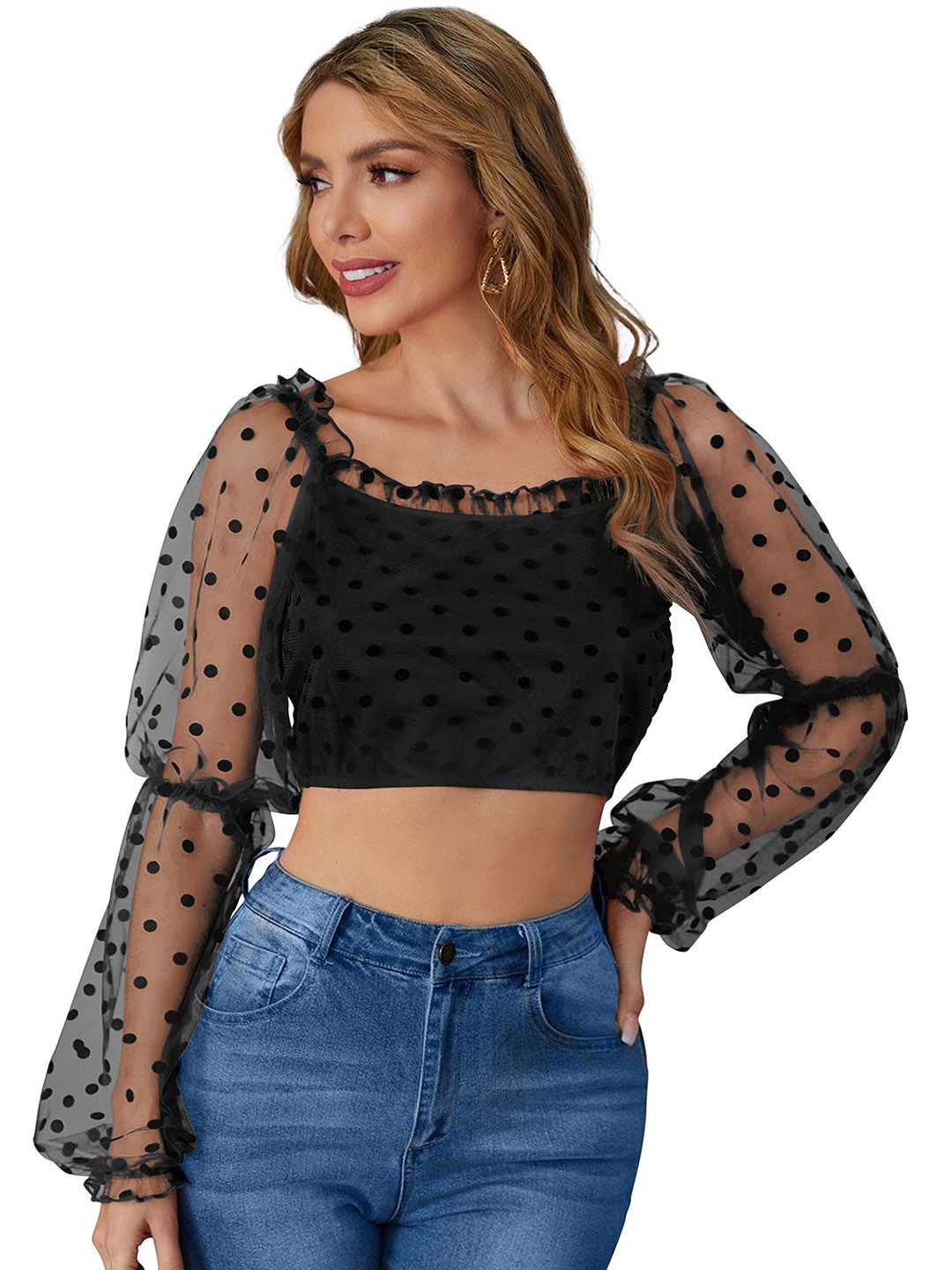 

Sitanjali Women Polka Dot Print Puff Sleeve Abstract Top, Black