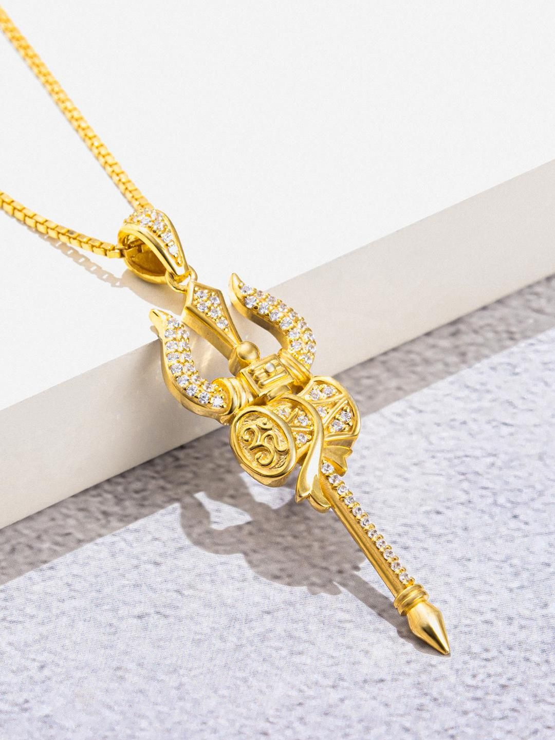 

ORIONZ Lord Shiva Trishul Stone Studded Contemporary Pendant, Yellow