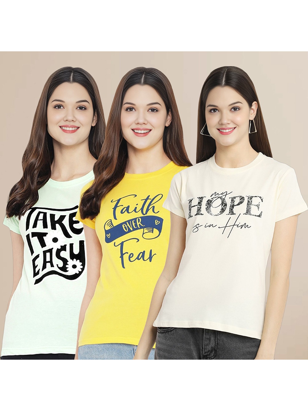 

Metronaut Women Pack Of 3 Typography Printed Round Neck Cotton T-shirts, Off white
