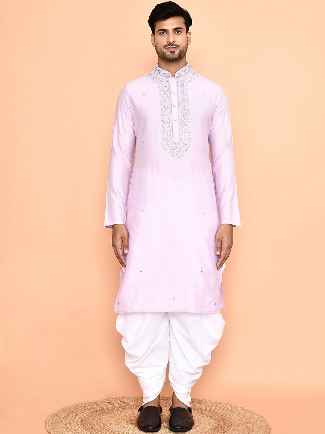 

Arihant Rai Sinha Mandarin Collar Embroidered Mirror Work Straight Kurta with Patiala, Purple