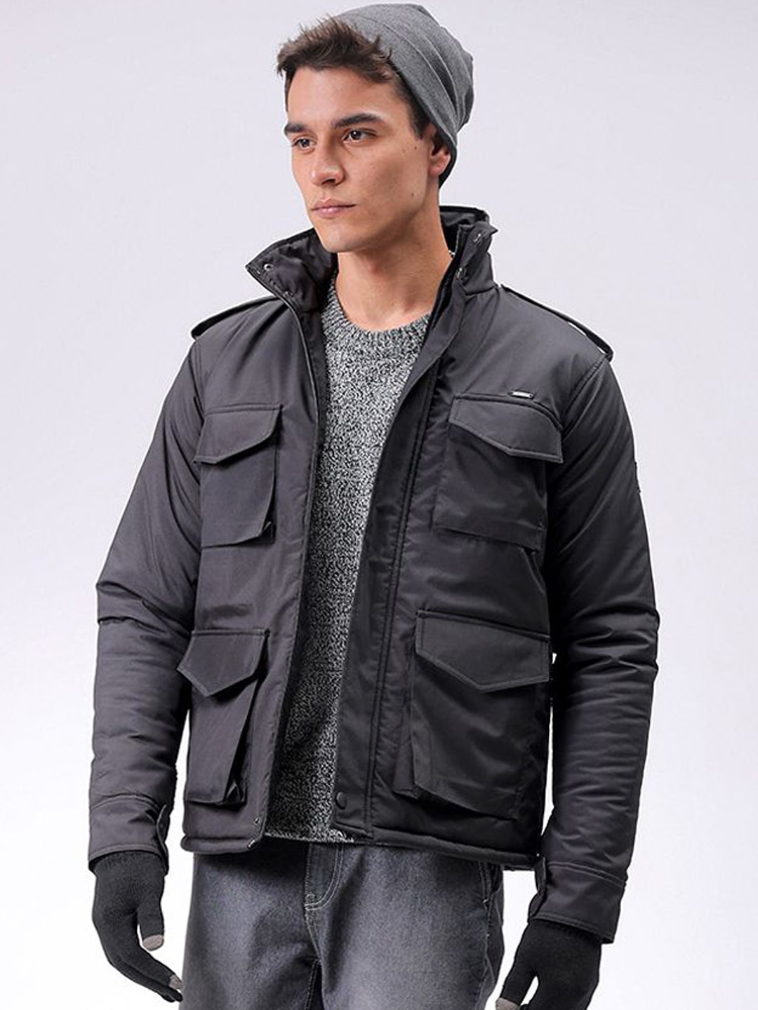 

The Indian Garage Co Men Slim Fit Military Bomber Utility Jacket, Black