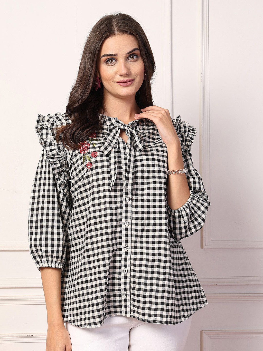 

House Of Zelena Women Cotton Check Printed Maternity Zipless Top, Black