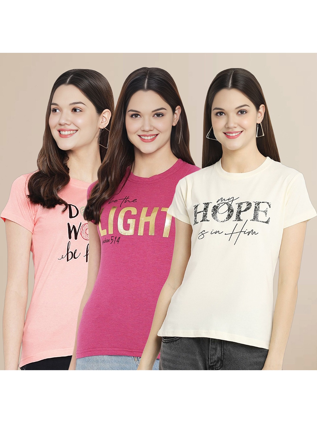 

Metronaut Women Pack Of 3 Typography Printed Round Neck Cotton T-shirts, Pink