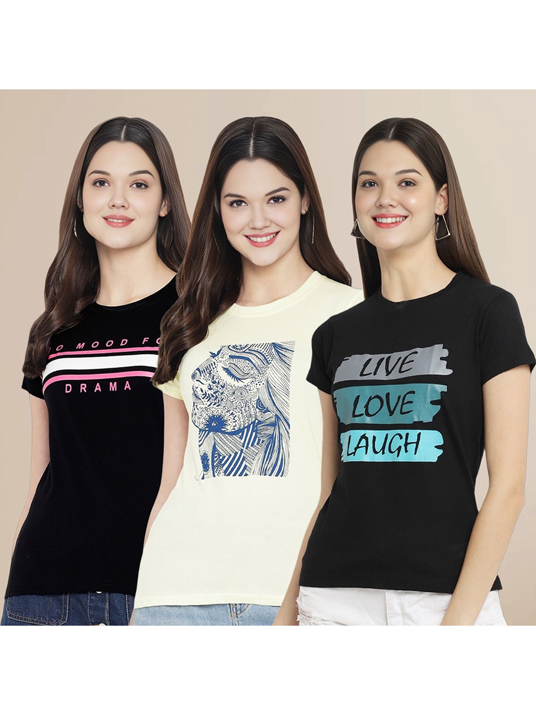 

Metronaut Women Pack Of 3 Typography Printed Round Neck Cotton T-shirts, Black