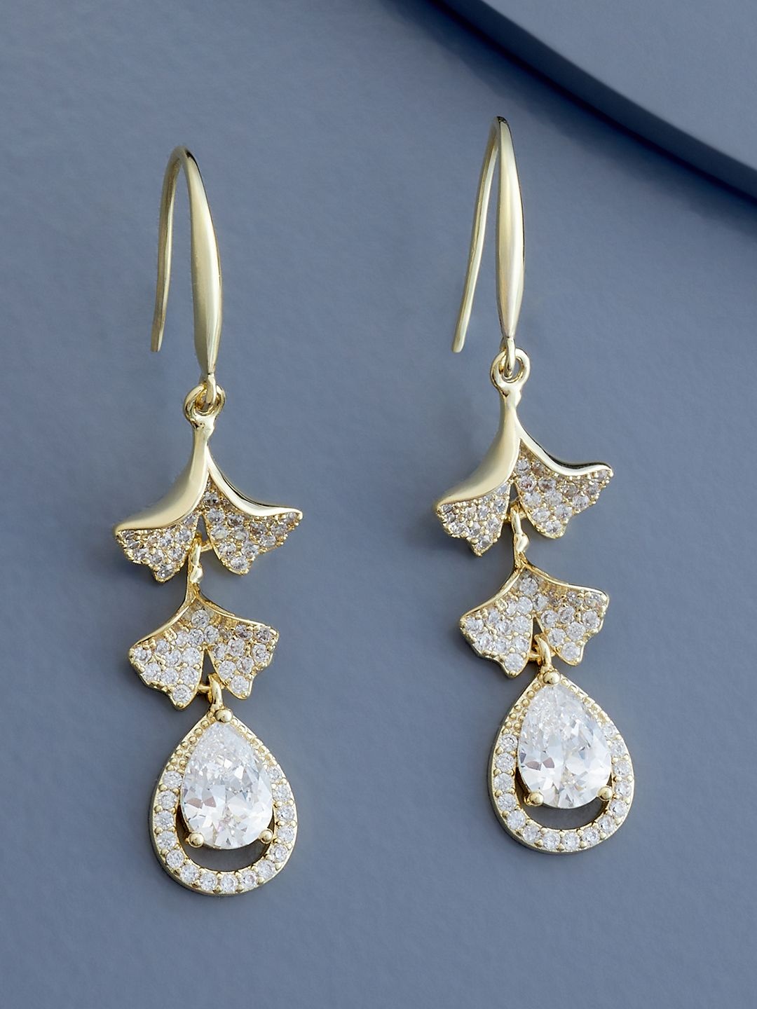 

Kushal's Fashion Jewellery Gold Plated CZ Studded Teardrop Shaped Drop Earrings