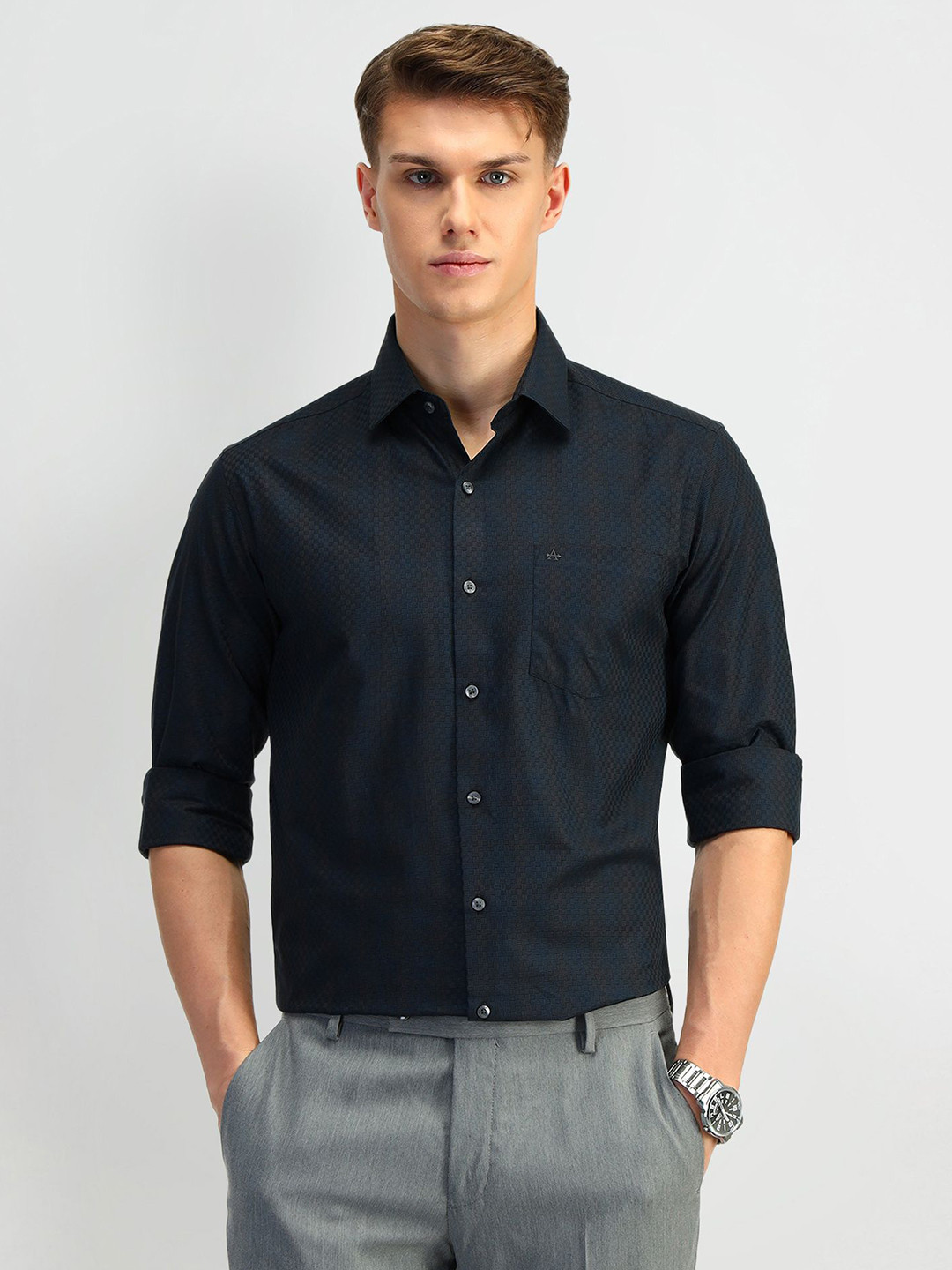 

Arrow Men Manhattan Spread Collar Micro Checked Cotton Slim Fit Formal Shirt, Black