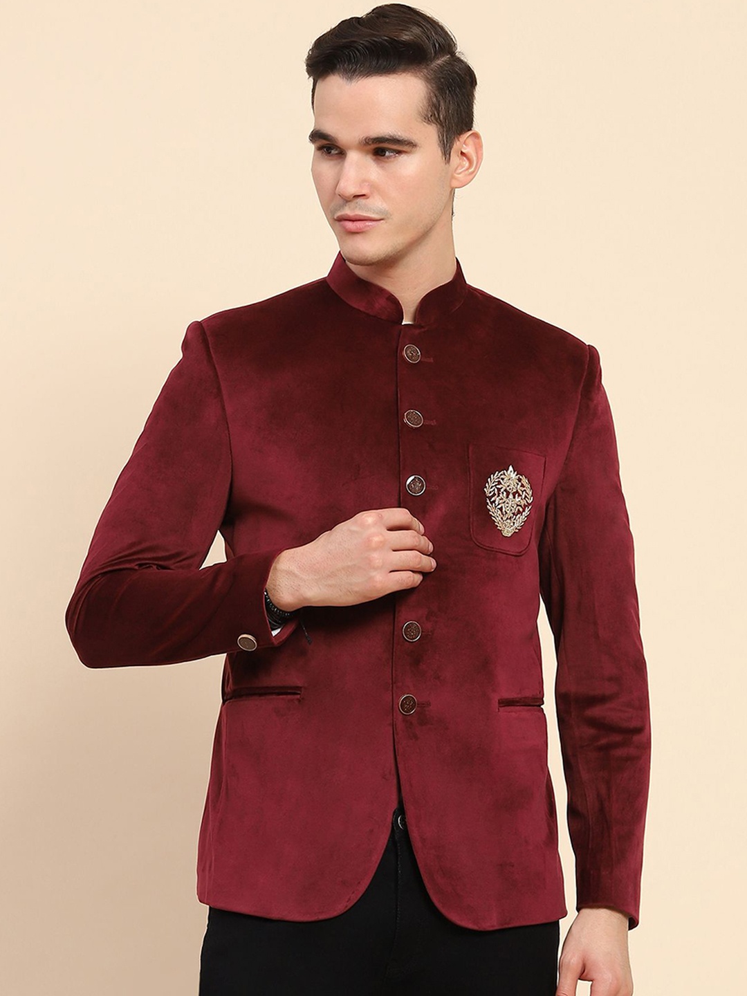 

Global Republic Men Self Design Embroidery Blazers, Maroon