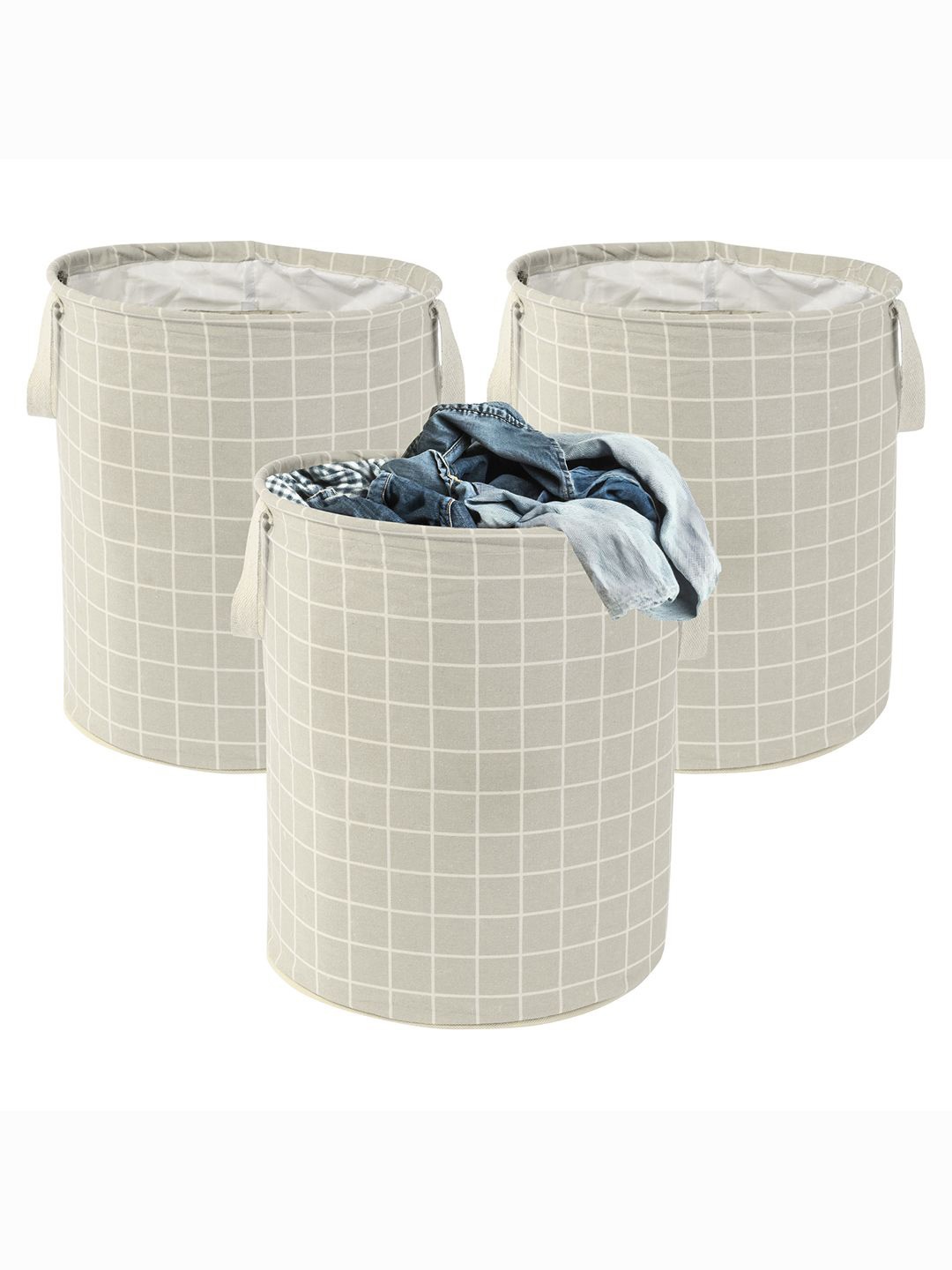 

Kuber Industries Grey & White 3 Pieces Printed Cotton Laundry Baskets With Handles - 60 L