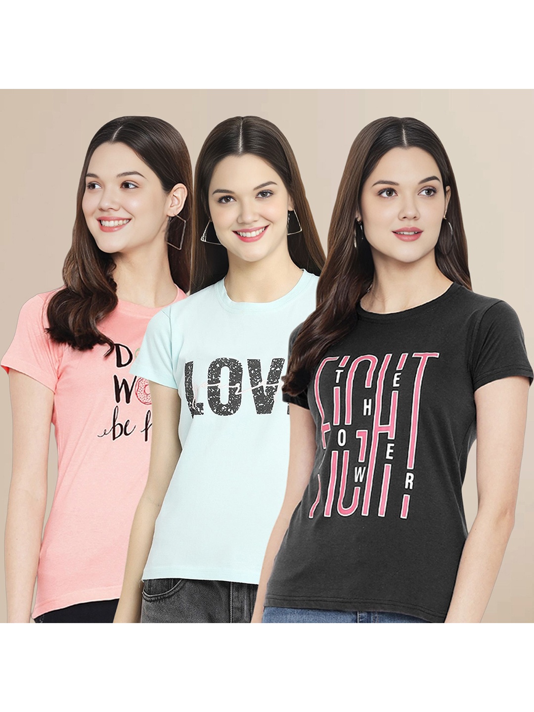 

Metronaut Women Pack Of 3 Typography Printed Round Neck Cotton T-shirts, Sea green