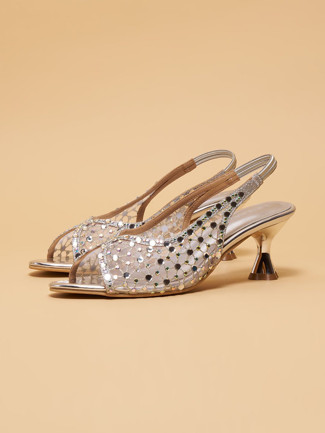 

ERIDANI Kiara Embellished Slingback Heels, Gold