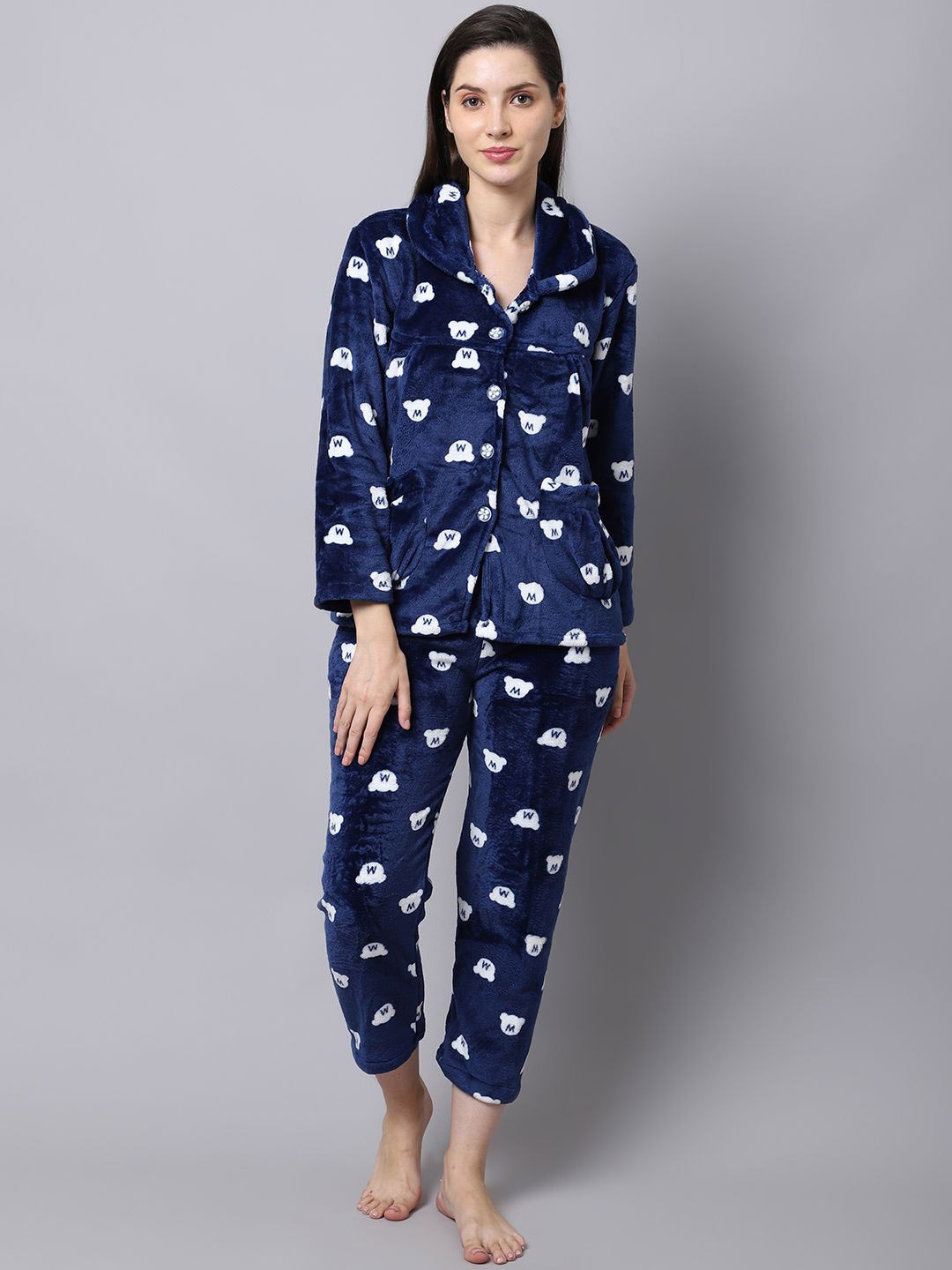 

TAG 7 Women Printed Shirt Collar Winter Night suit, Navy blue
