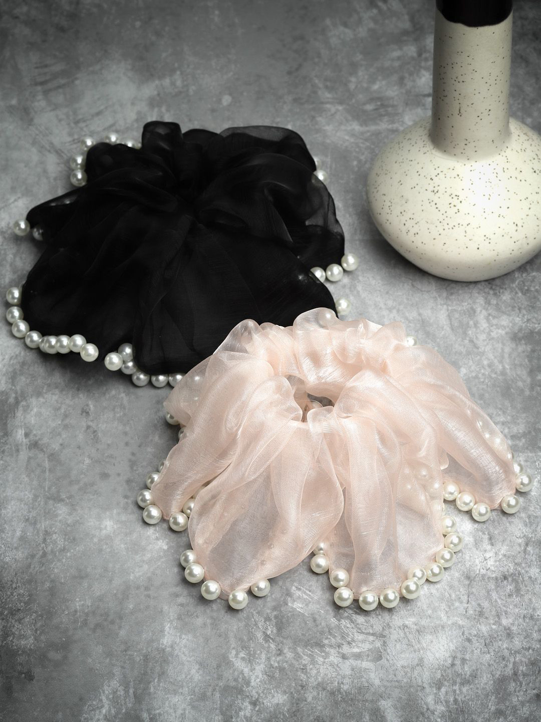 

VOGUE PANASH Women Set of 2 Embellished Scrunchie Ponytail Holders, Black