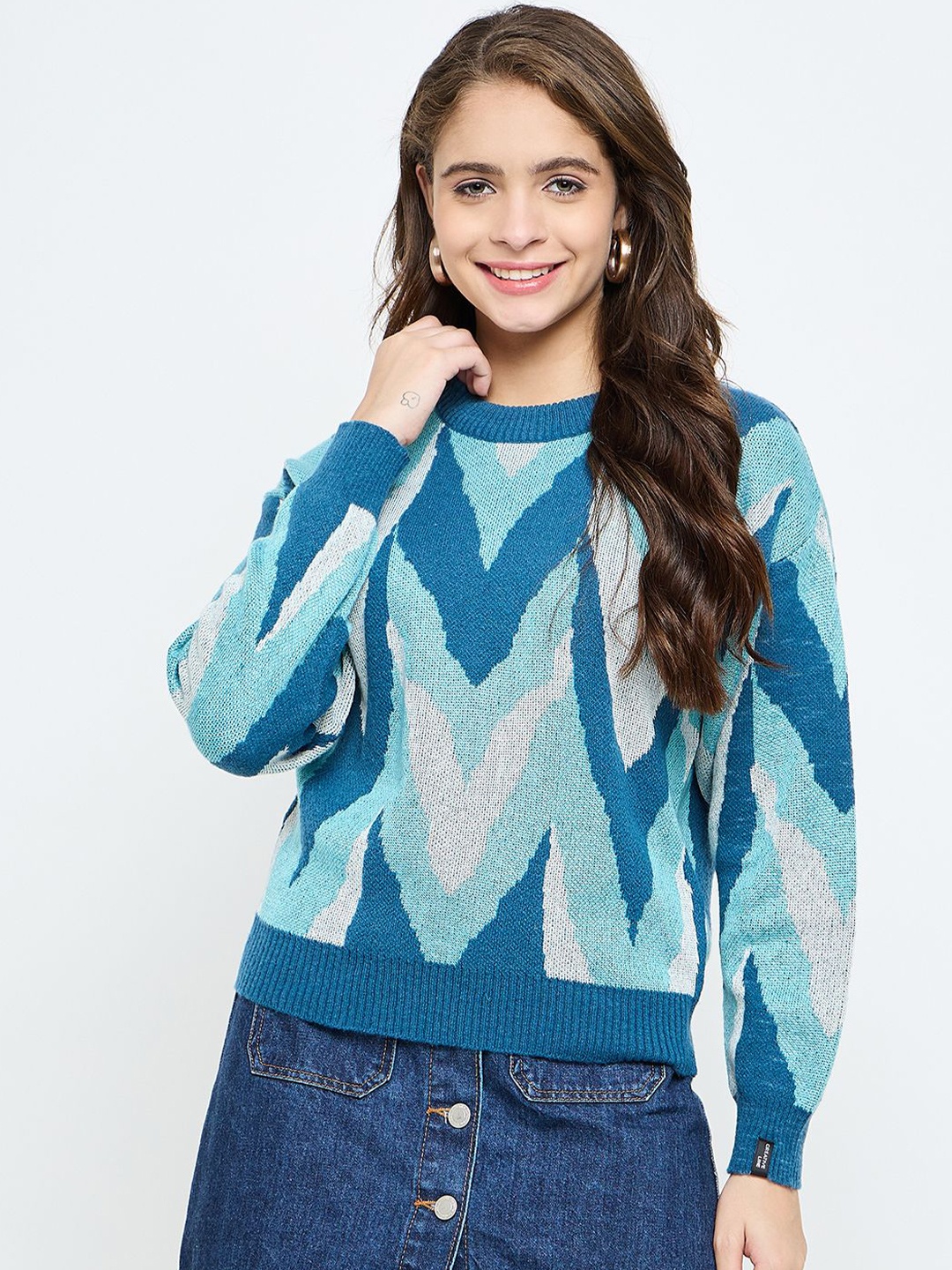 

CREATIVE LINE Women Self Design Woollen Round Neck Long Sleeves Winter Top, Blue
