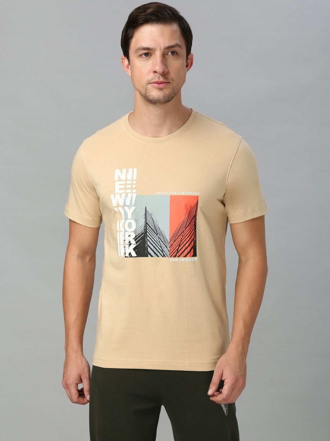 

Van Heusen Men Graphic Printed Round Neck Cotton T-shirt, Beige