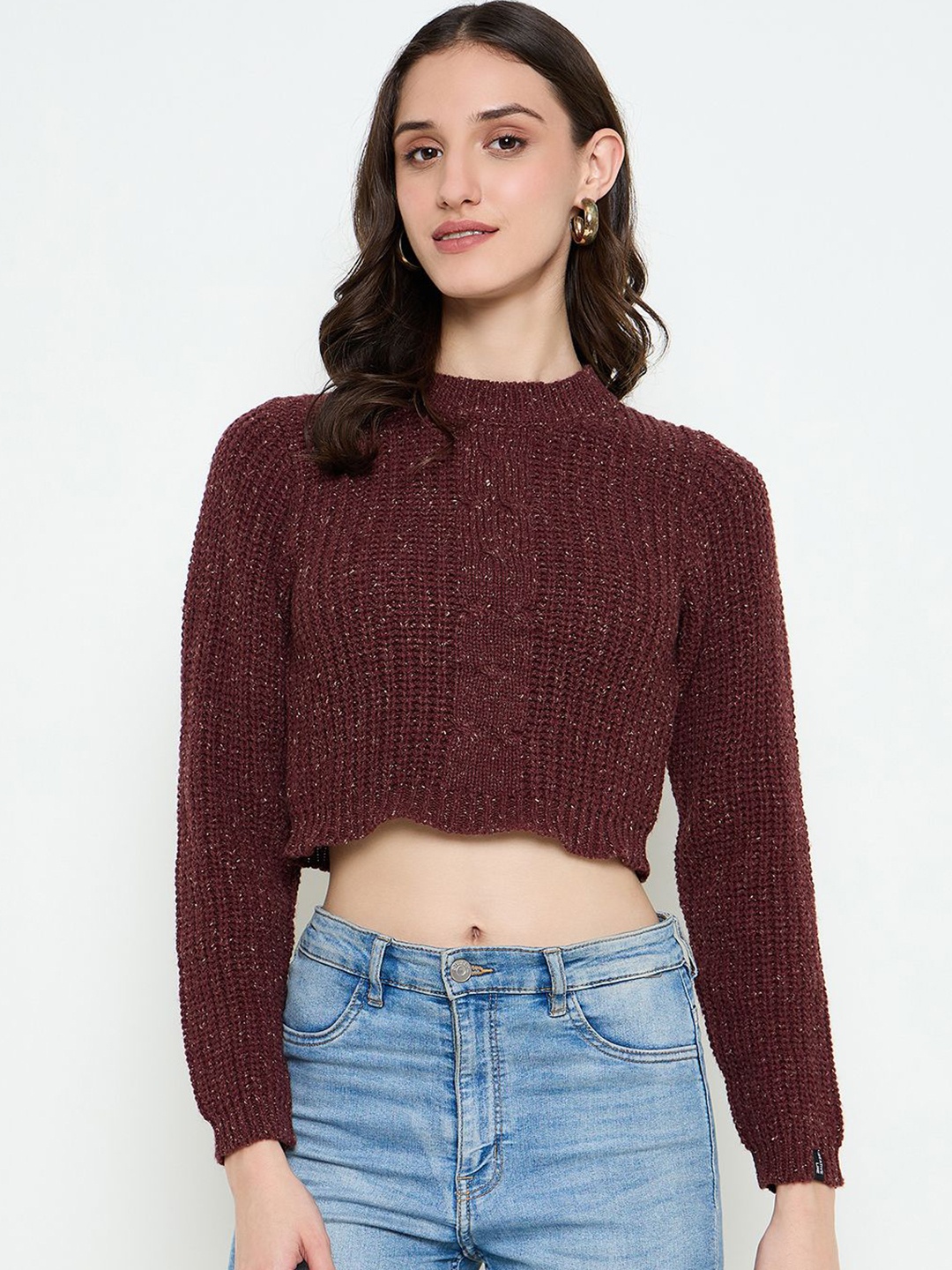 

CREATIVE LINE Women Round Neck Woollen Crop Top, Brown