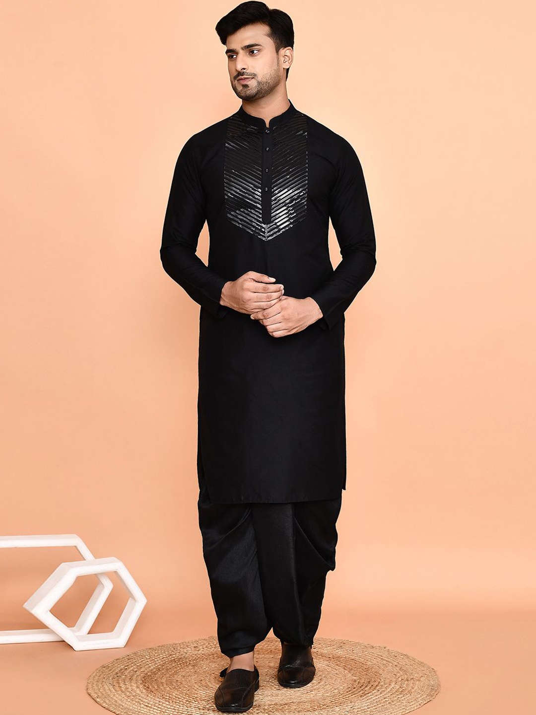 

Arihant Rai Sinha Striped Yoke Design Mandarin Collar Sequinned Kurta With Dhoti Pant, Black