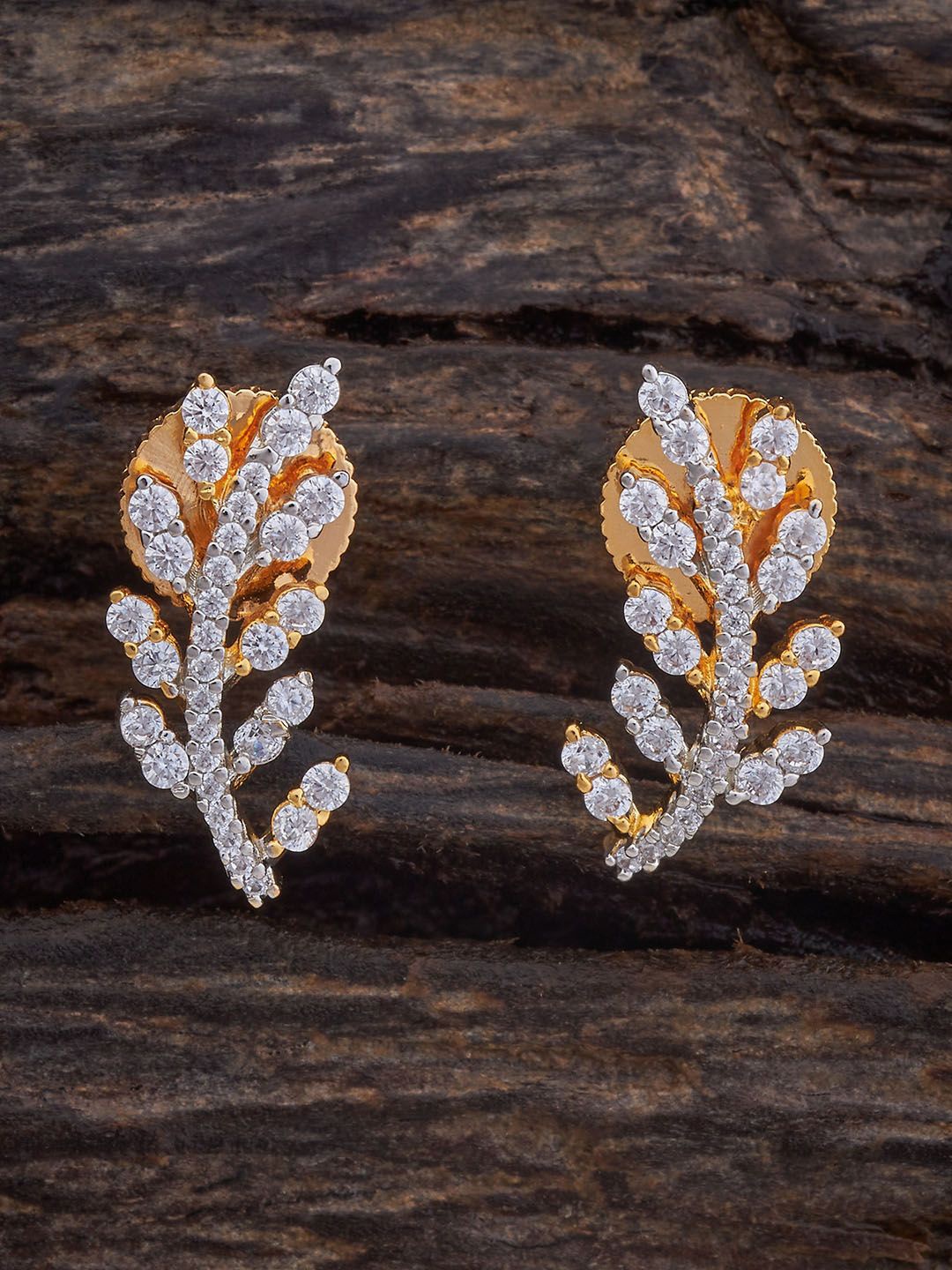 

Kushal's Fashion Jewellery Rhodium-Plated Cubic Zirconia Stone Studded Leaf Shaped Studs, Silver