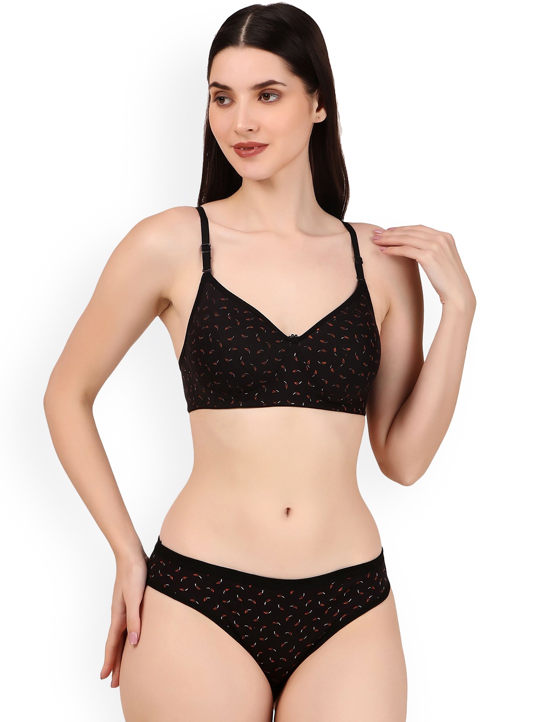 

Piylu Women Lightly Padded Printed Lingerie Set, Black