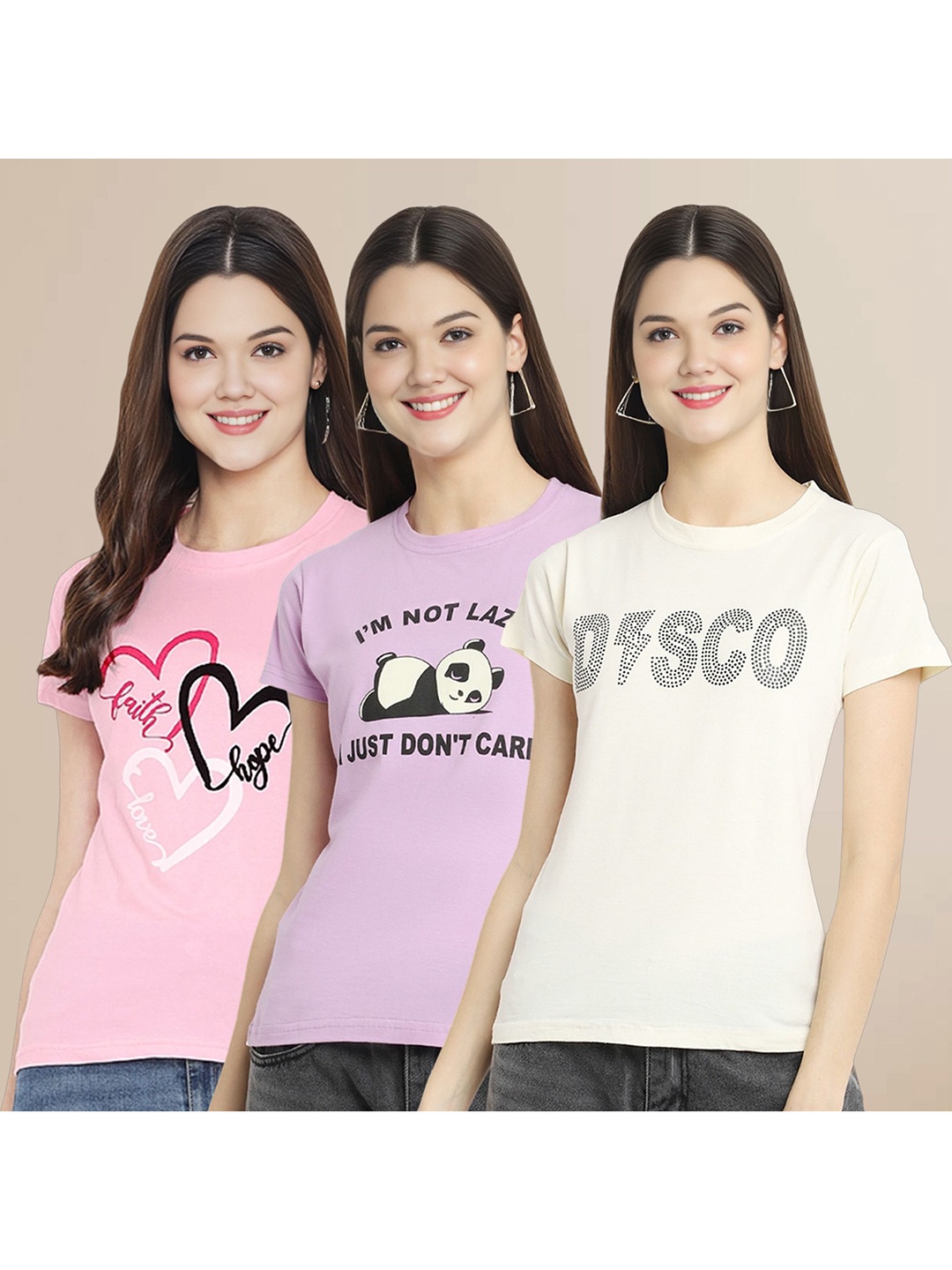 

Metronaut Women Pack Of 3 Typography Printed Round Neck Cotton T-shirts, Lavender