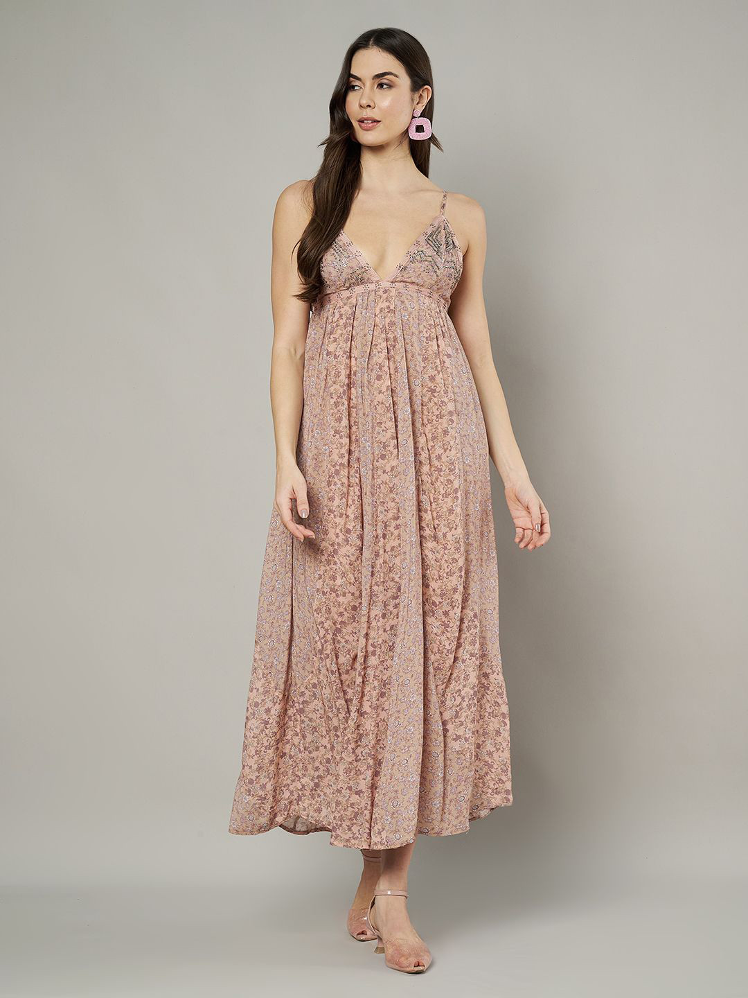 

Amagyaa Women Floral Printed Embellished A-Line Cotton Midi Dress, Beige