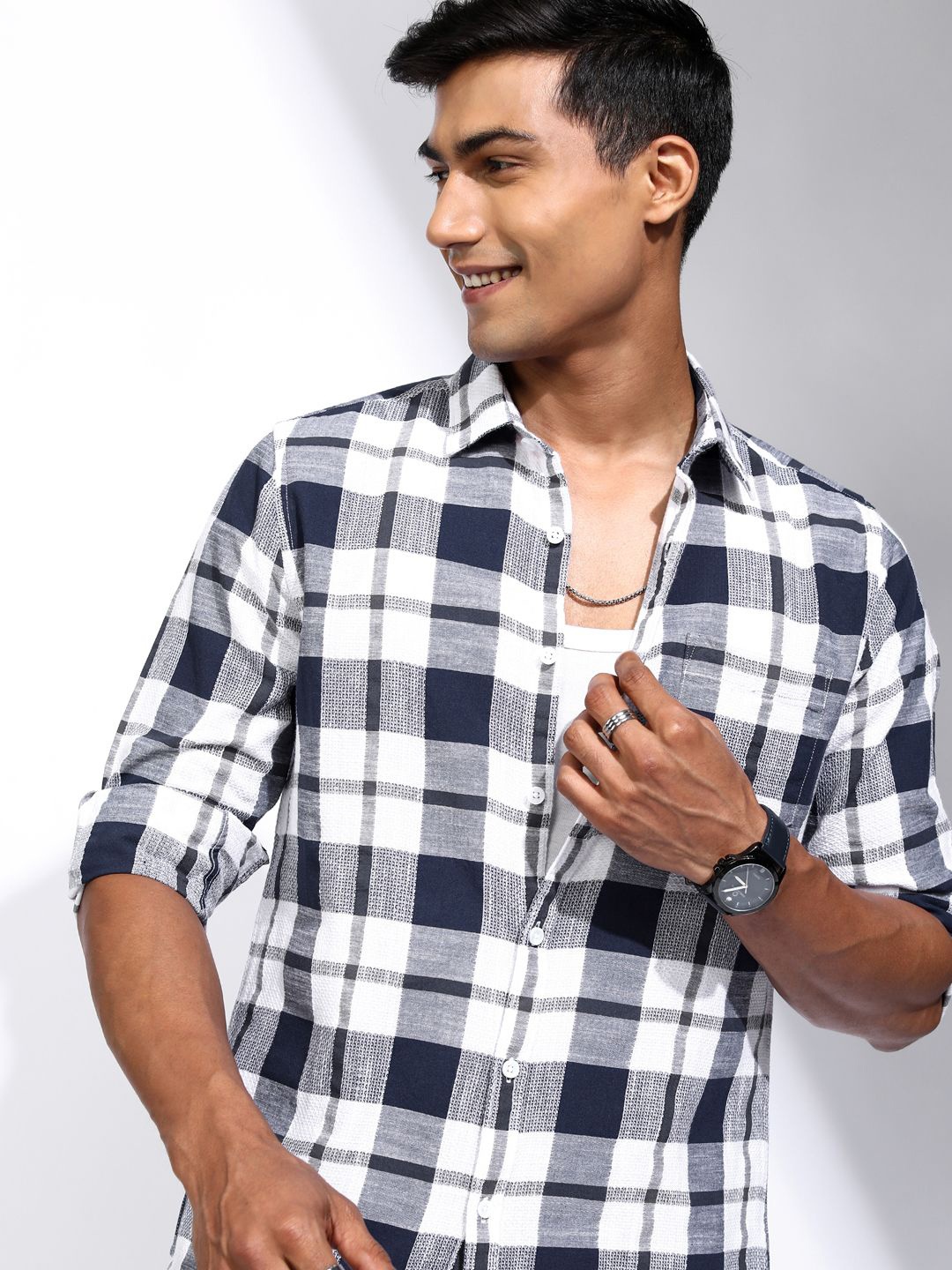 

LOCOMOTIVE Men Spread Collar Tartan Checked Cotton Casual Shirt, Blue