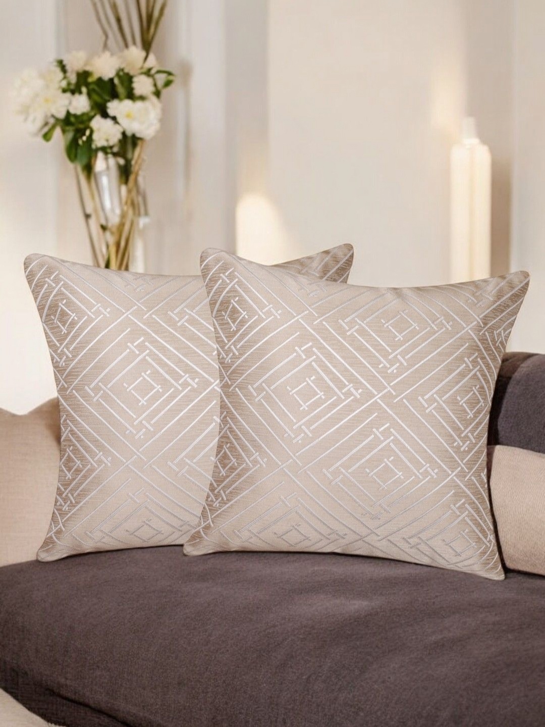 

Vendola Beige & Grey 2 Pieces Geometric Printed Jacquard Square Cushion Covers