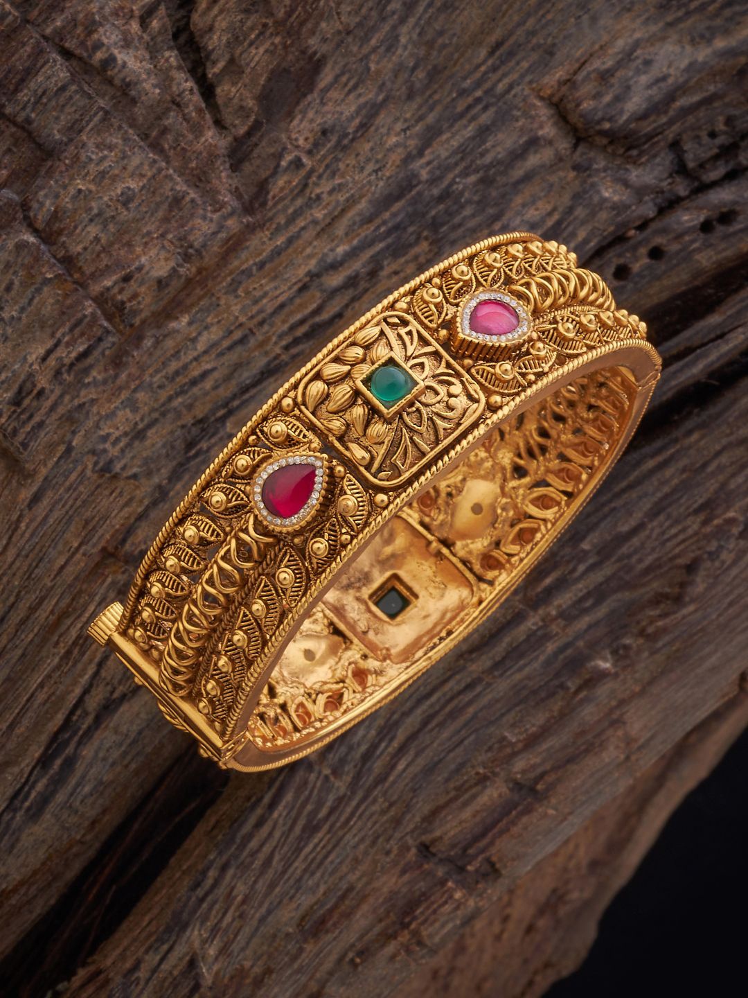 

Kushal's Fashion Jewellery Gold Plated Stone-Studded Antique Bangle