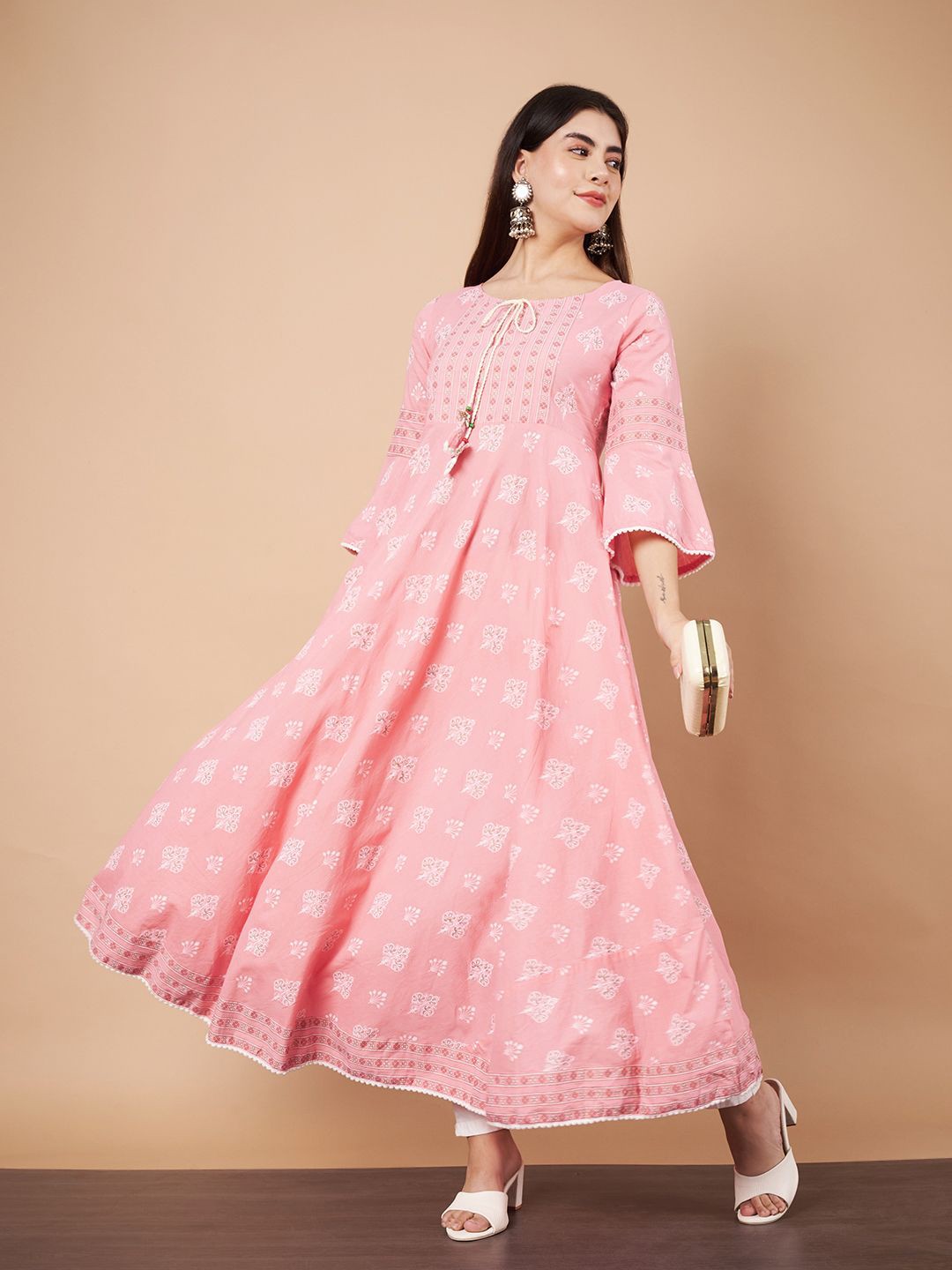 

Anouk Women Pure Cotton Printed Round Neck Bell Sleeves Kurta Sets, Pink