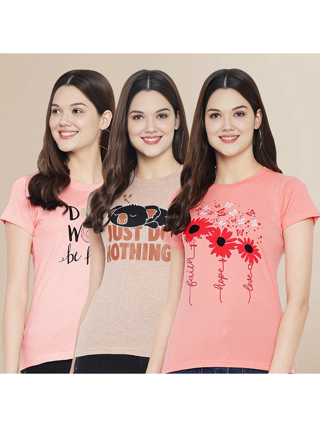 

Metronaut Women Pack Of 3 Typography Printed Round Neck Cotton T-shirts, Peach
